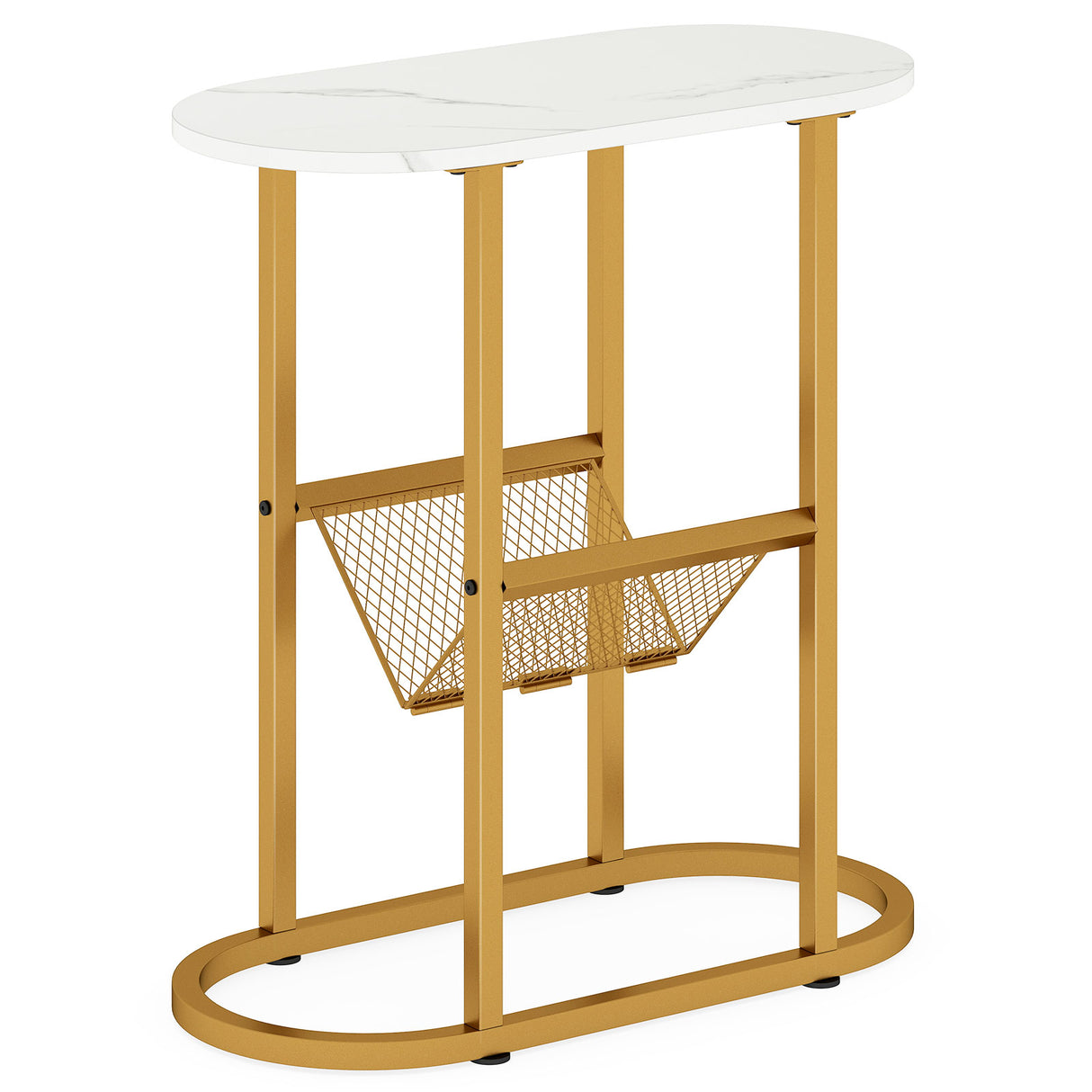 2-tier Industrial Oval Side Table with Mesh Shelf-White