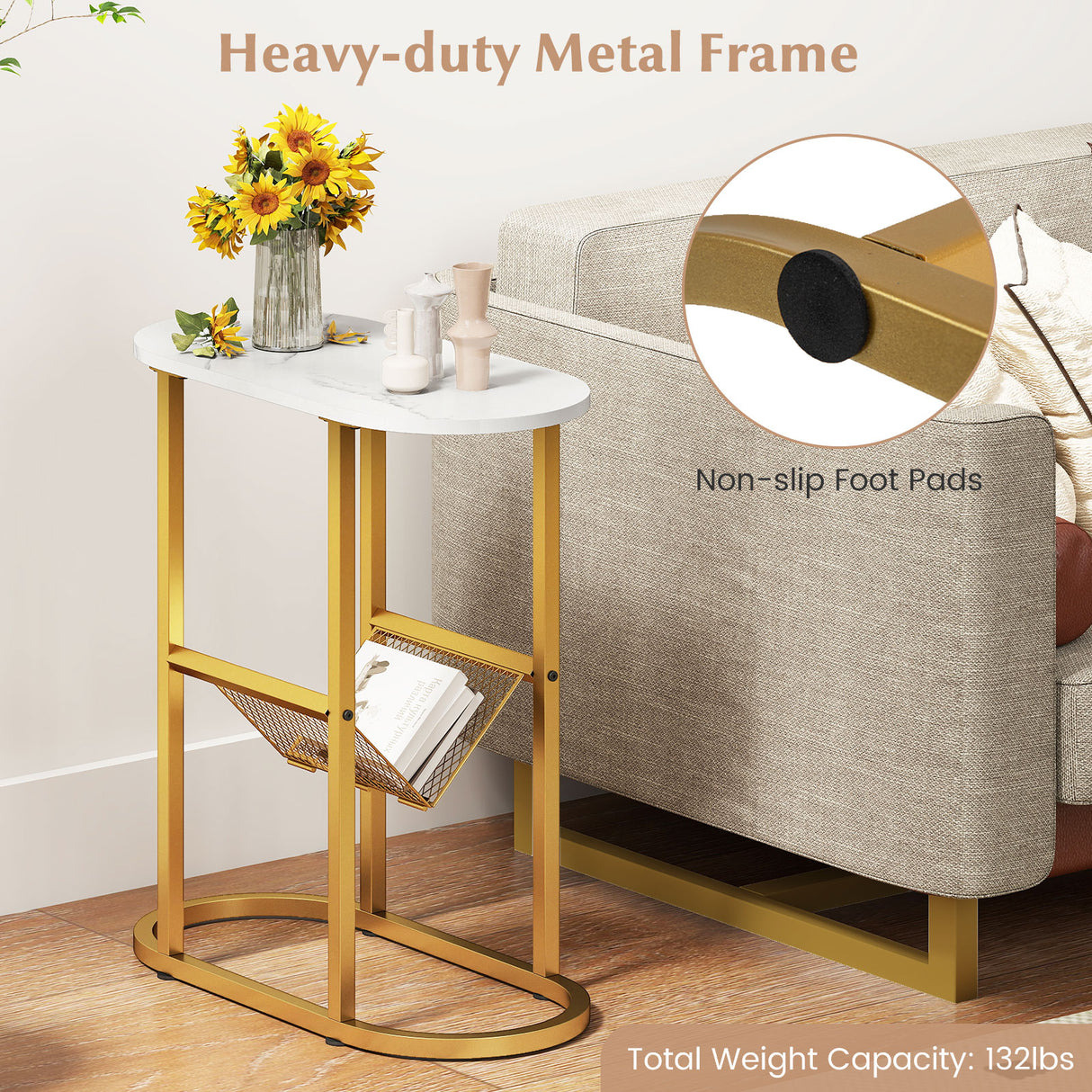 2-tier Industrial Oval Side Table with Mesh Shelf-White