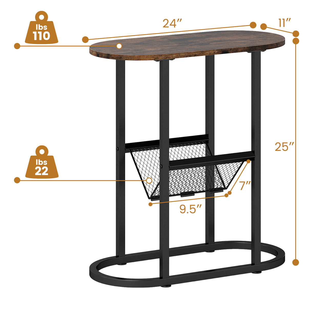 2-tier Oval Narrow Bedside End Table-Rustic Brown
