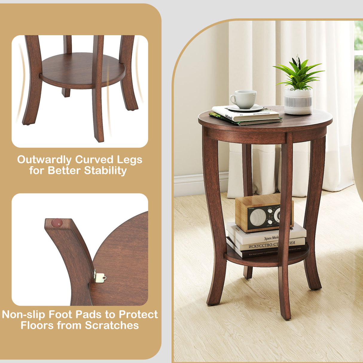 2-tier Round End Table with Solid Wood Legs-Brown