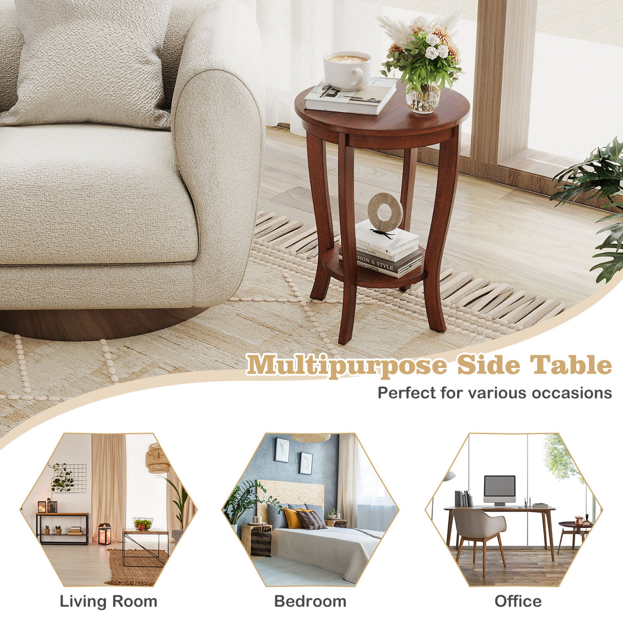 2-tier Round End Table with Solid Wood Legs-Brown