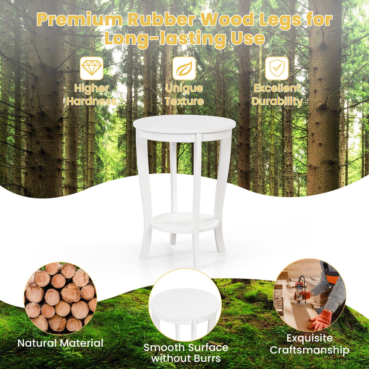 2-tier Round End Table with Solid Wood Legs-White