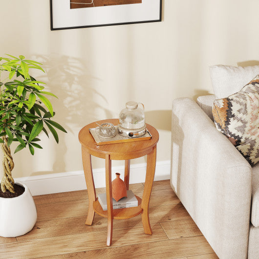 2-tier Round End Table with Solid Wood Legs-Natural