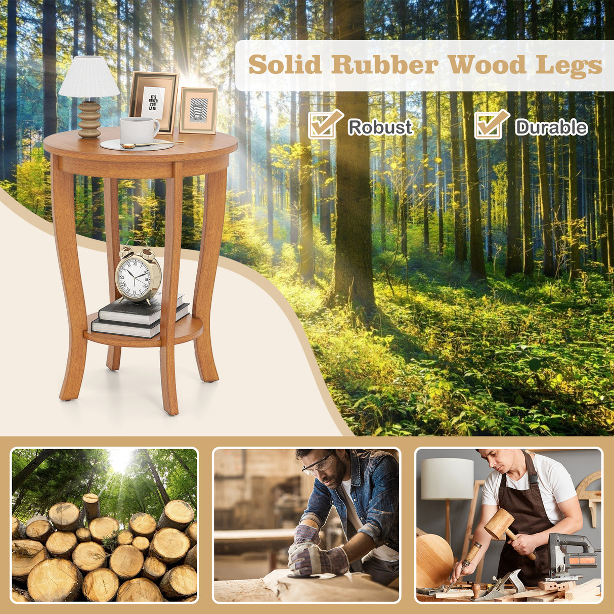 2-tier Round End Table with Solid Wood Legs-Natural