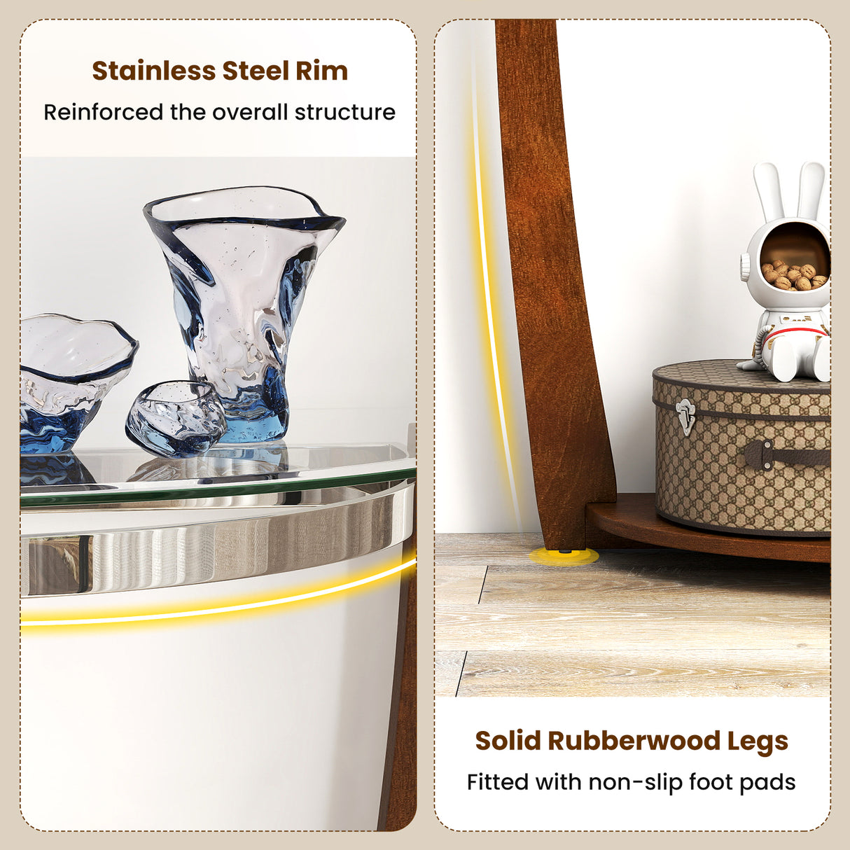 2-tier Tempered Glass Console Table with Clear Glass Top and Open Shelf-Walnut