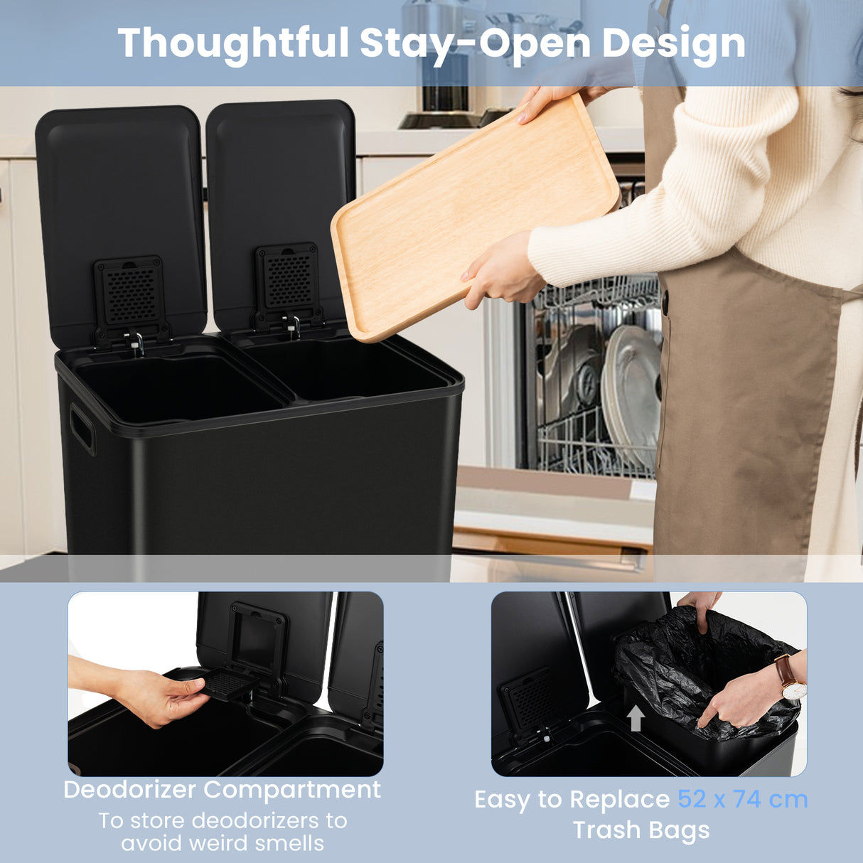 2 x 8 Gal Dual Compartment Trash Can-Black
