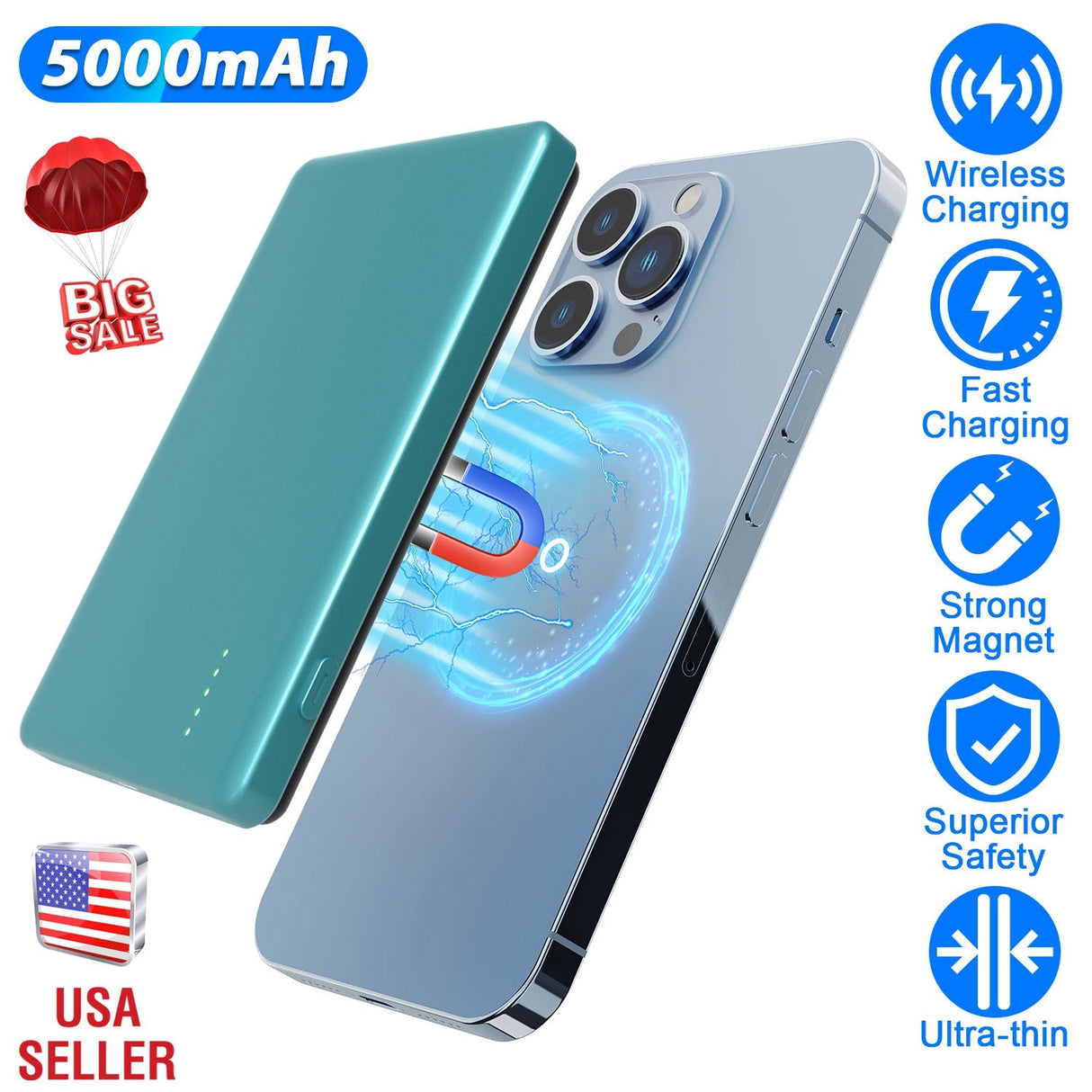 2 In 1 5000mAh 8MM Slim MagSafe Wireless Power Bank PD20W Magnetic Fast Charger Portable Phone Charger Fit for IOS Phone 15 14 13 12 Series And More by DirectDeals