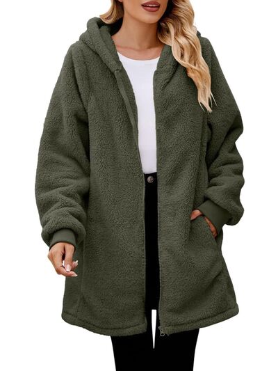 Comfortable Fuzzy Pocketed Zip-Up Long Sleeve Hooded Jacket Cozy & Warm Soft Outerwear For Winter