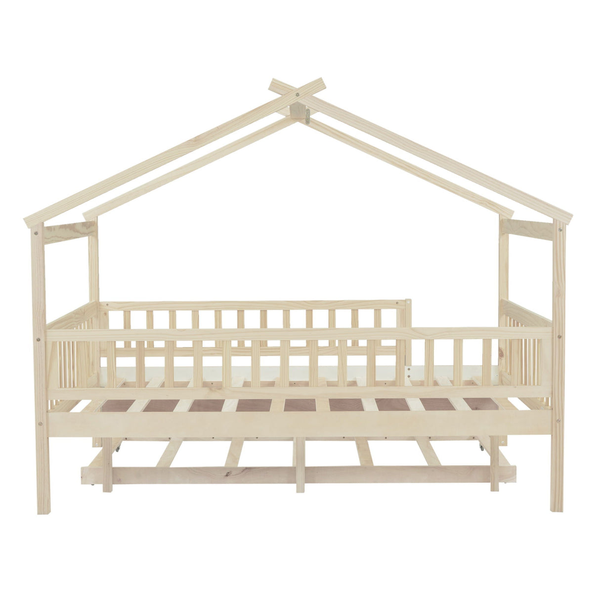 The Creativity House Bed With Twin Size Trundle features a wooden, house-shaped frame with open slats and a picket-fence balcony, complete with a pitched roof design.