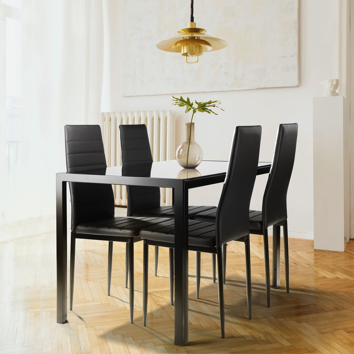 5 Pieces Dining Table Set For 4, Kitchen Room Tempered Glass Dining Table, 4 Faux Leather Chairs - Black by Couch.com