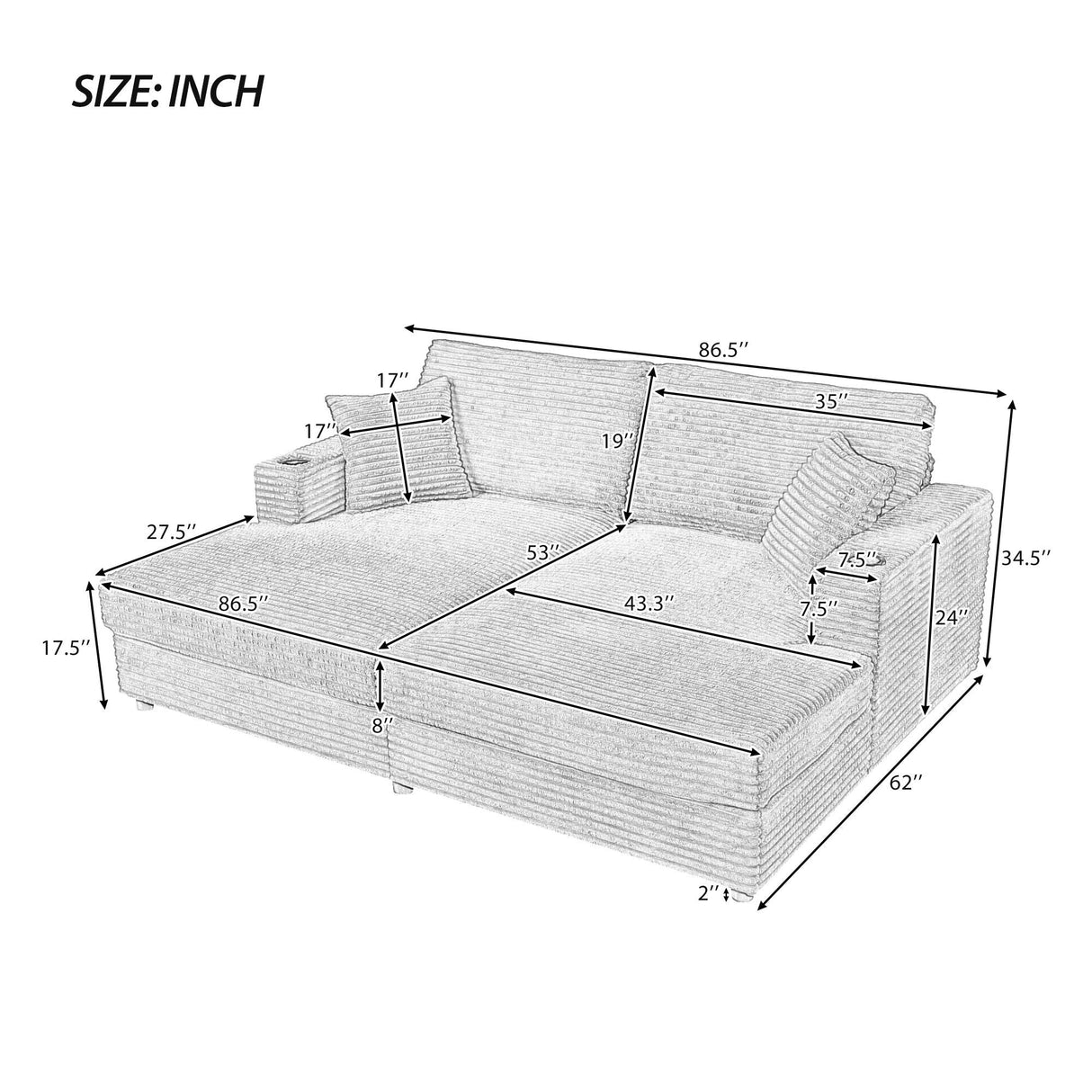 Oversized Loveseat Chaise With 2 USB Ports, 2 Cup Holders And 2 Throw Pillows by Couch.com