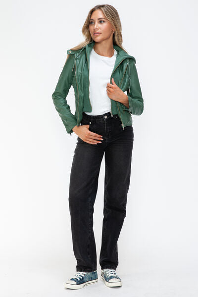 Women Classic Snobbish Faux Leather Zip-Up Drawstring Hooded Jacket Edgy & Casual PU Leather Jacket For Streetwear