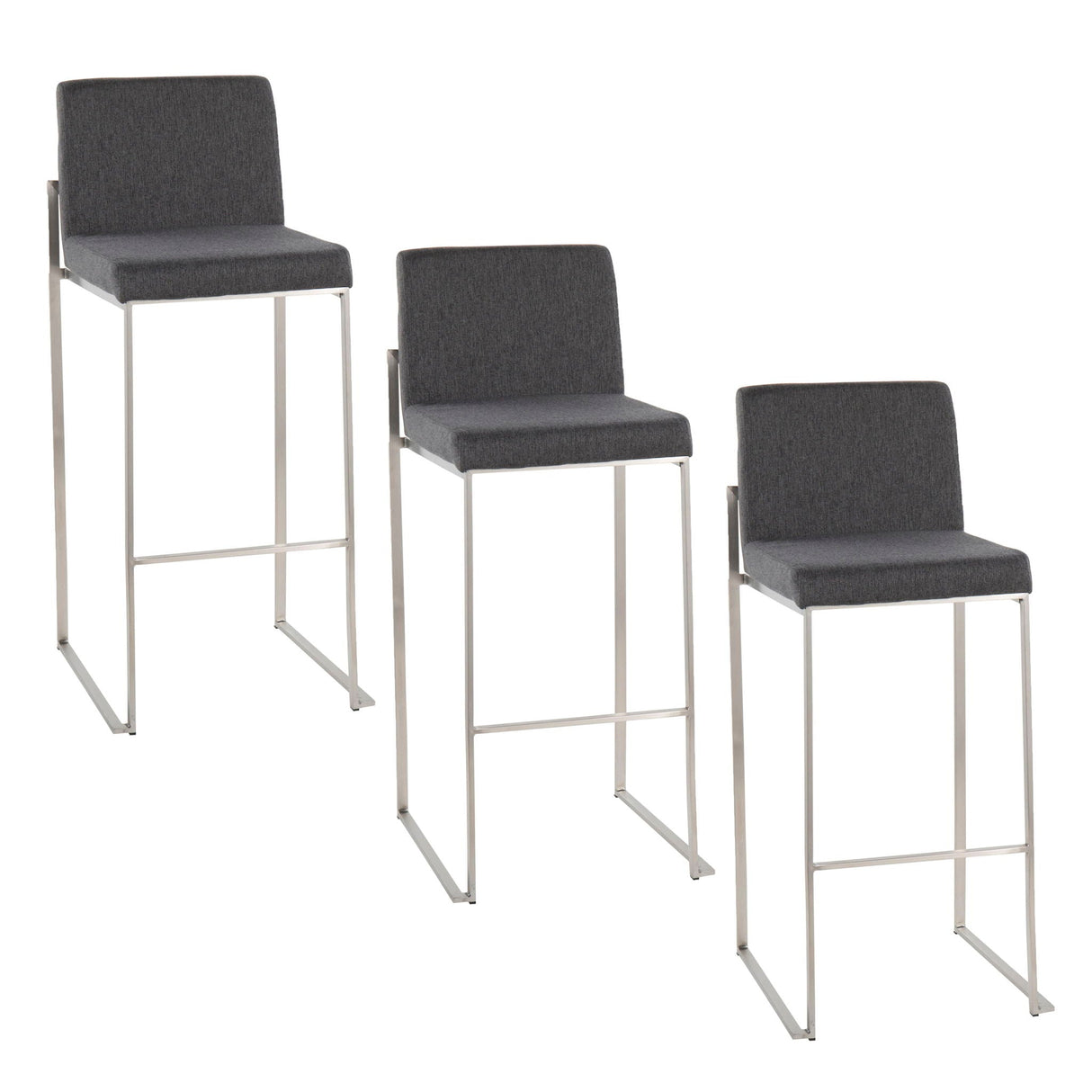 Three Fuji High Back Barstools with gray upholstered seats and backs, each at varying heights, feature sleek metal legs and footrests, arranged in a row on a white background.
