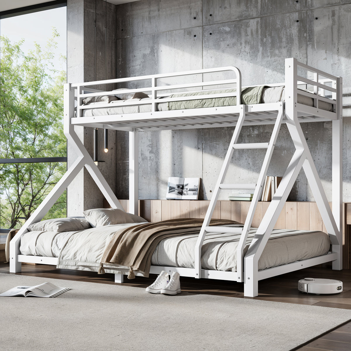 Twin XL over Queen Bunk Bed with ladders, Metal Bunk Bed with Full Upgraded Support Slats, Low Profile Bunk Bed, White