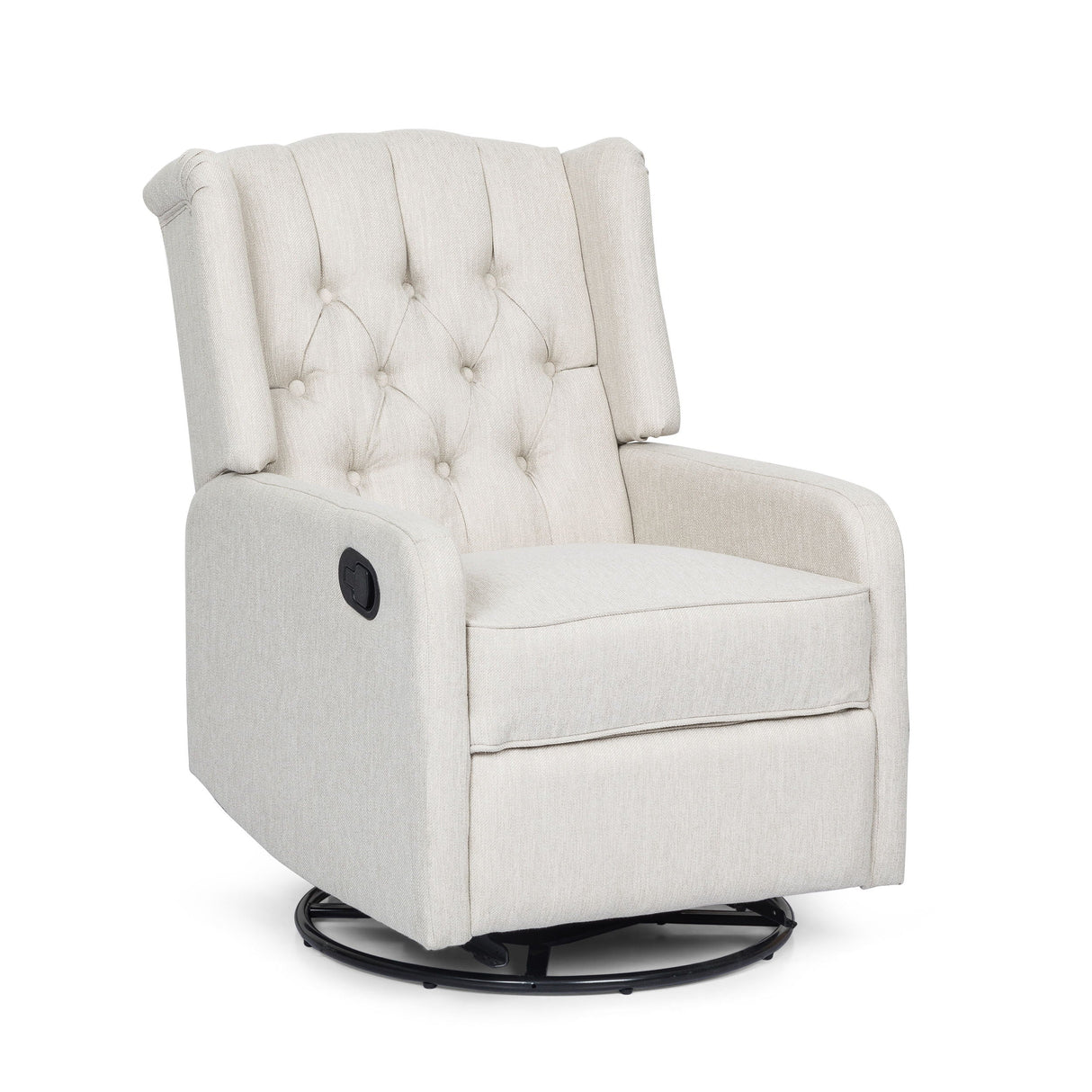 The Classic Design recliner features a light gray fabric with a tufted backrest, cushioned armrests, and sits on a circular metal base with 360-degree swivel. It includes a manual reclining lever on the right side.