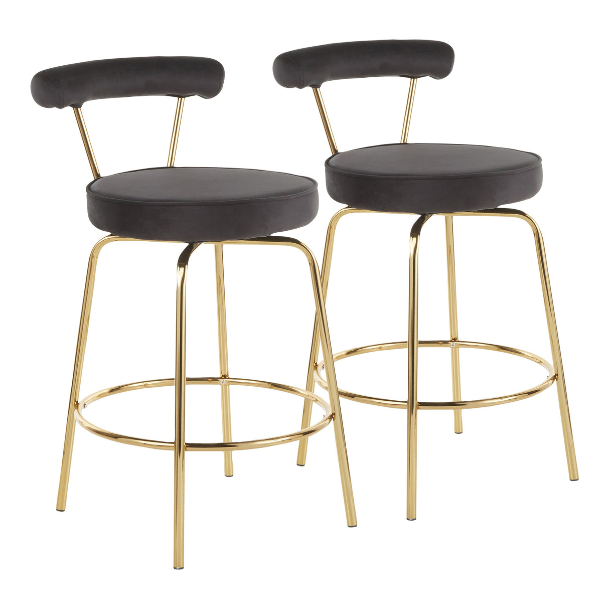 Rhonda Glam Counter Stool in Gold Metal and Black Velvet - Set of 2