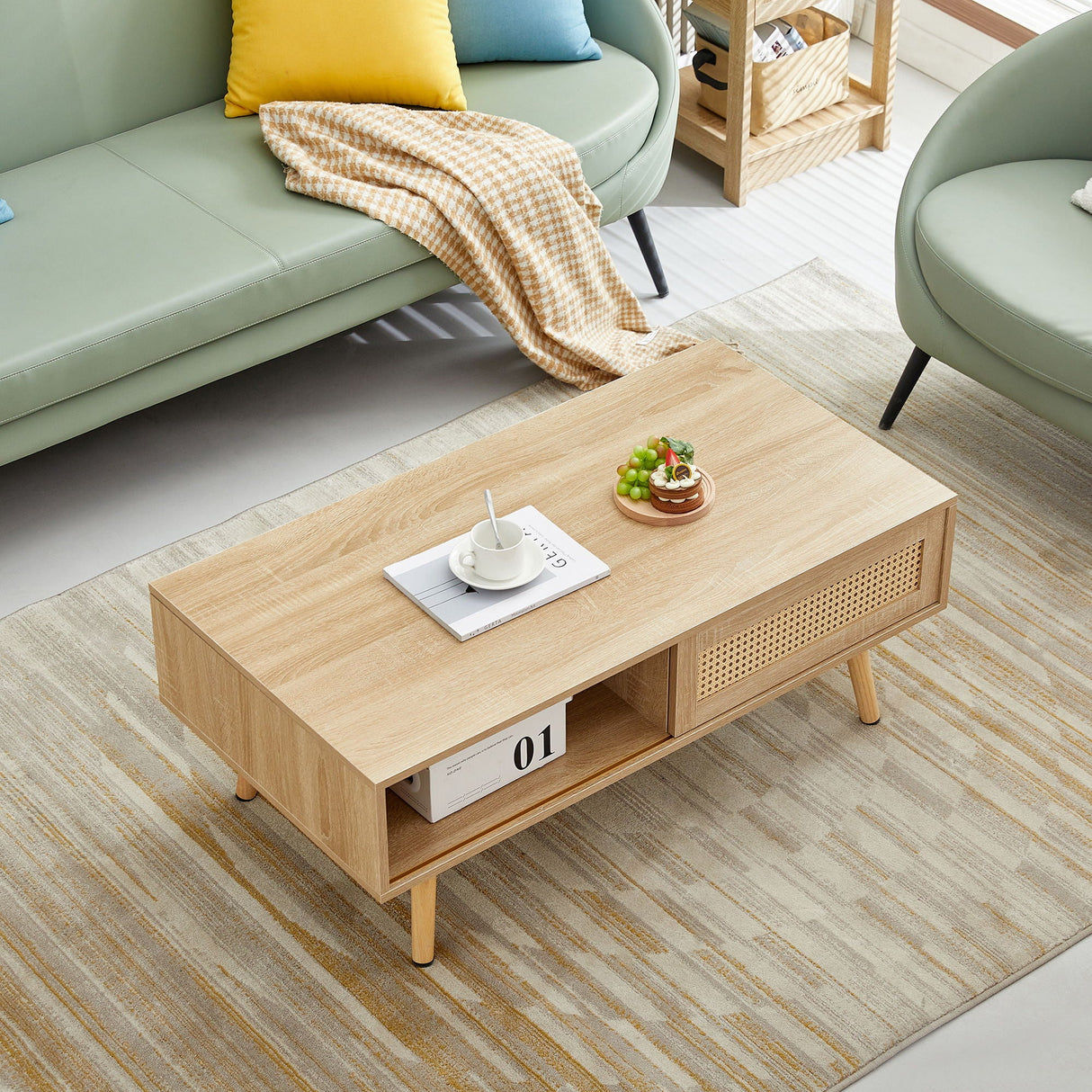 41.34" Rattan Coffee Table, Sliding Door For Storage, Solid Wood Legs, Modern Table For Living Room by Couch.com