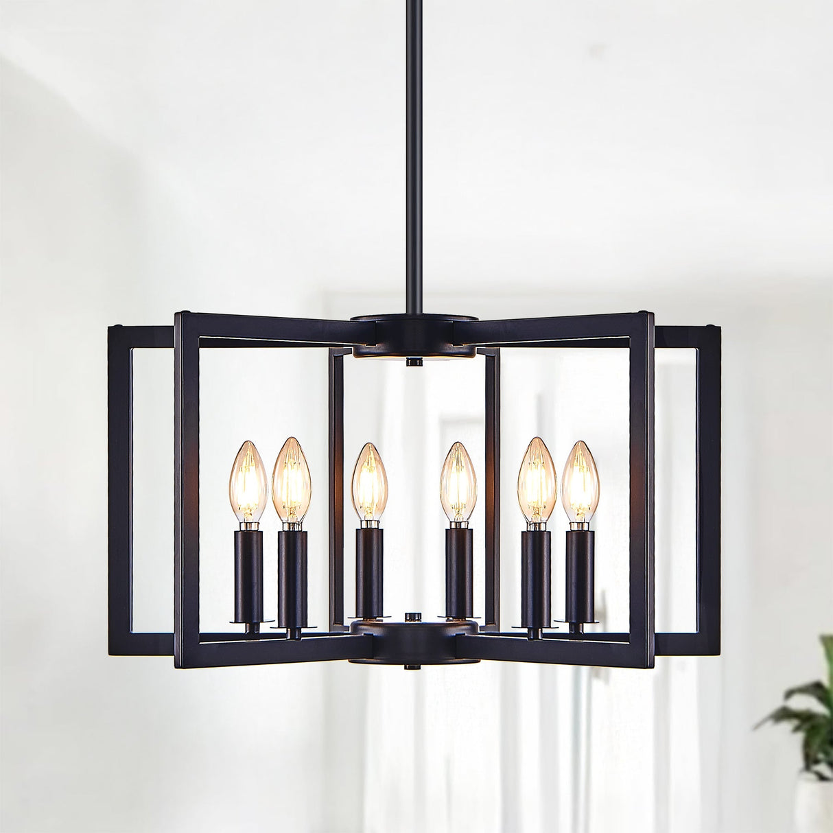 22' Modern Black Geometric 6-Light Chandelier – Industrial Metal Pendant Light Fixture for Living Room, Dining Room, or Kitchen (Bulb Not Included)