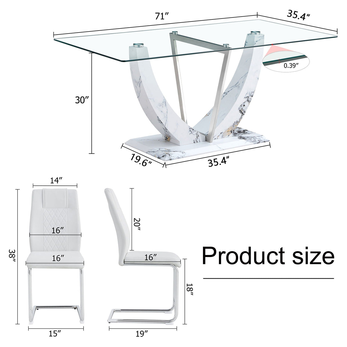 Table And Chair Set, Large Modern Rectangular Glass Table, Can Accommodate 6-8 People, Equipped With A 0.39" Tempered Glass Tabletop And MDF Table Legs.Paired With Comfortable And Soft Chairs - White / Pearl Silver by Couch.com