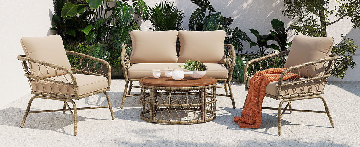 Bohemia-Inspired 4 Person Outdoor Seating Group With Removable Cushions, Conversation Patio Set With Wood Tabletop - Beige by Couch.com