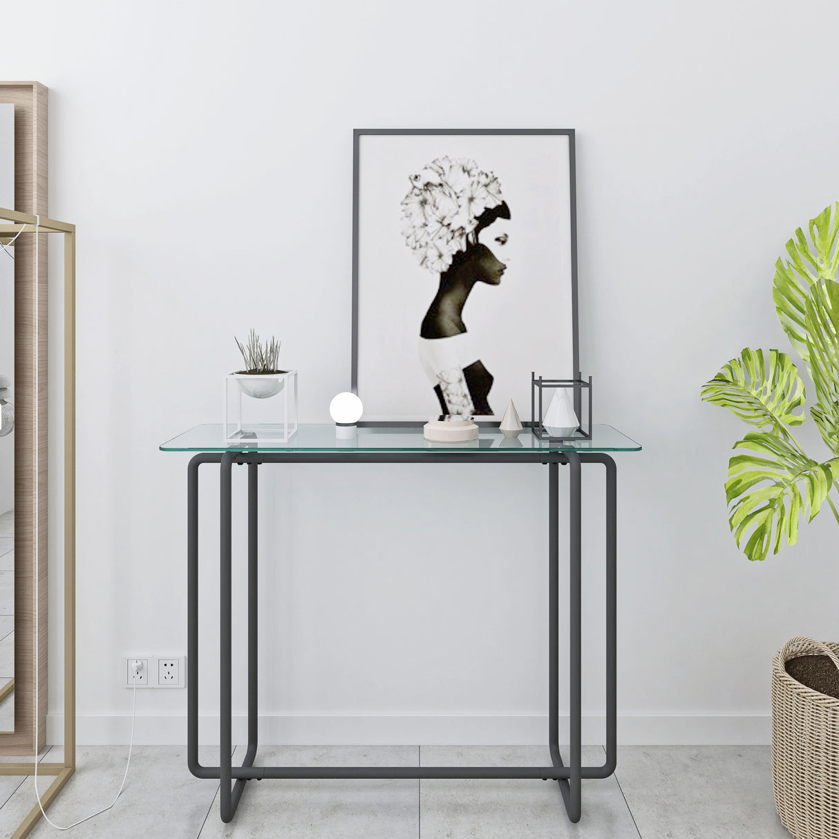 Console Table Single Layer Tempered Glass Rectangular Porch Table Black Leg Double Tempered Glass Tea Table by Couch.com