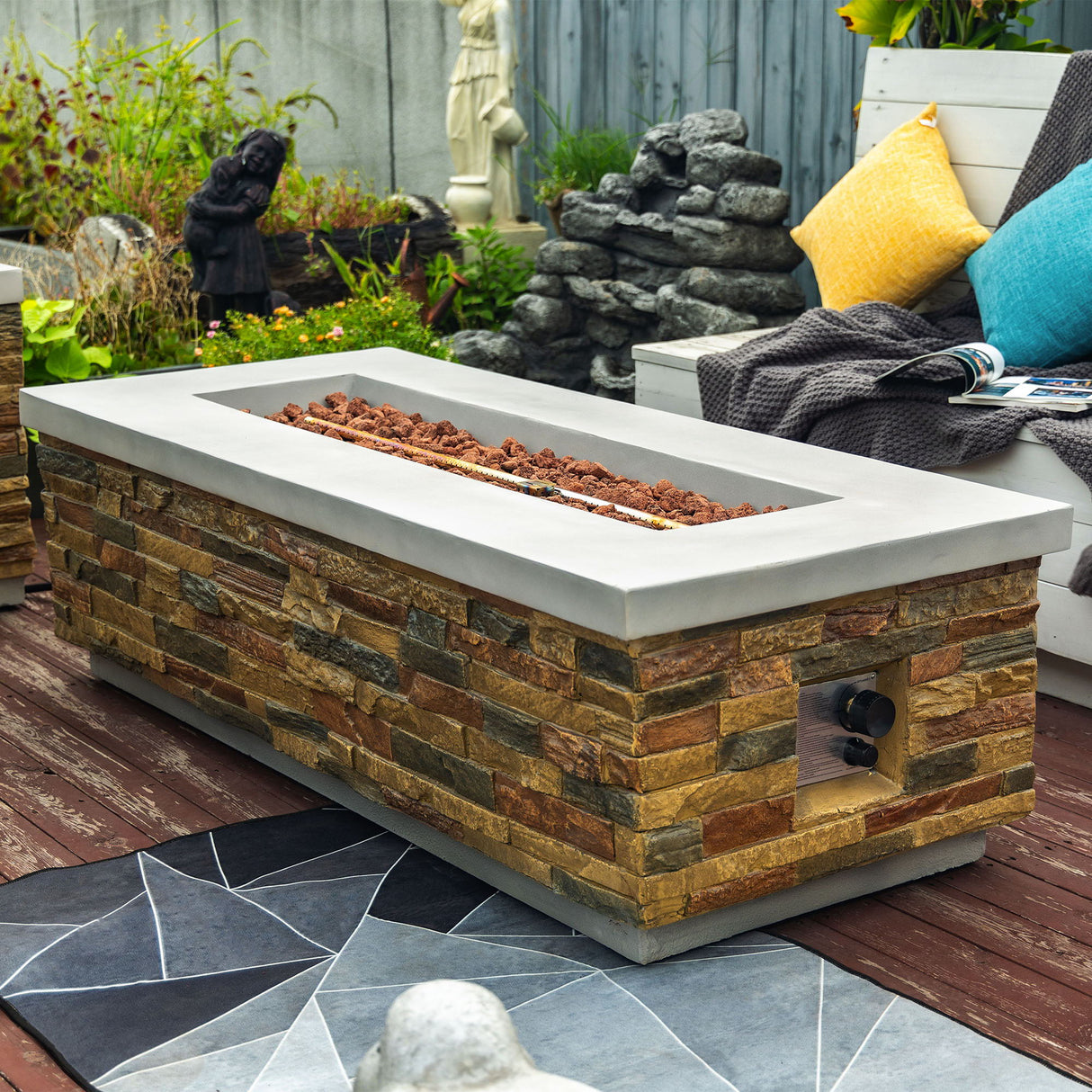 60" Propane Gas Fire Pit Table, 60000 Btu Rectangular Concrete Fire Pit For Outside Patio Deck Garden Backyard - Sandstone by Couch.com