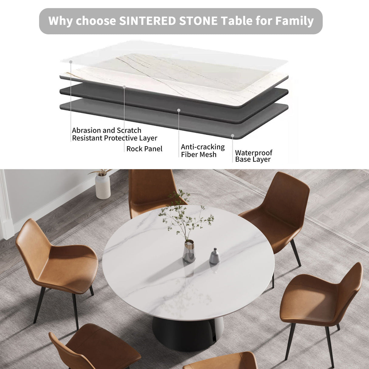 Couch.com 53.15" Modern Artificial Stone Round Carbon Steel Base Dining Table, Can Accommodate 6 People White / Black, Durable Design, Easy to Clean, Marble/Stone Construction, White Finish by Couch.com