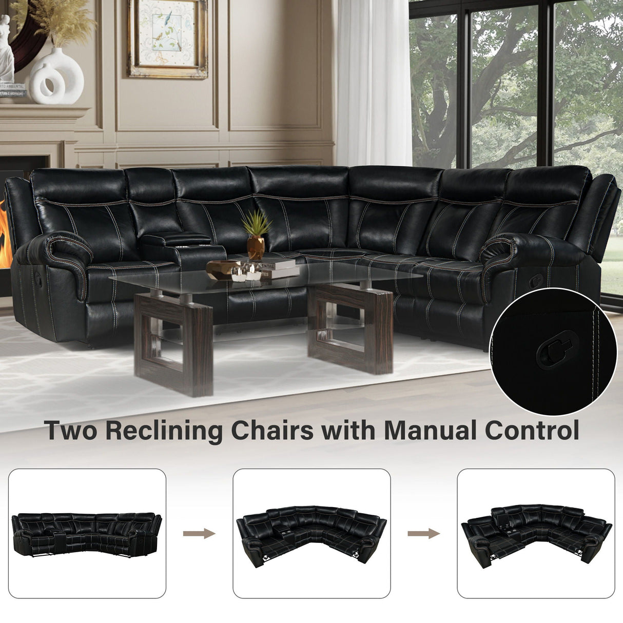 Home Theater Seating Manual Recliner With Cup Holder, Hide - Away Storage, 2 USB Ports And 2 Power Sockets For Living Room, Home Theater by Couch.com