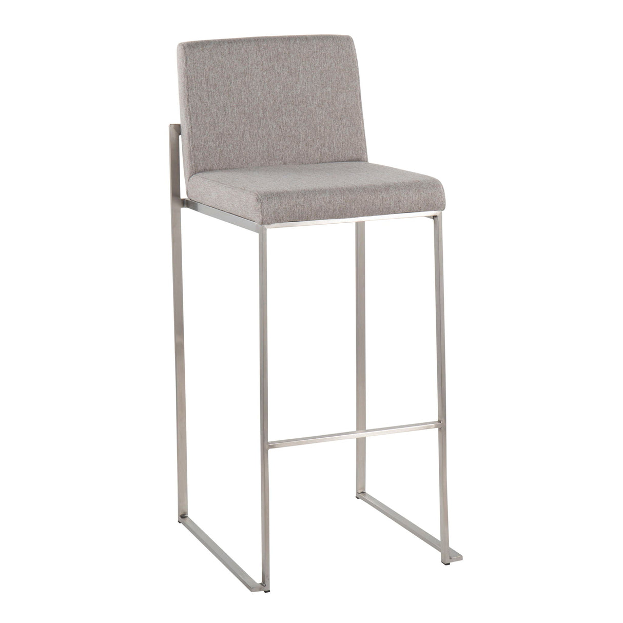 The Fuji - Contemporary And Modern Elegance High Back Barstool features a light gray upholstered seat and backrest, paired with a sleek silver metal frame and integrated footrest for modern style.