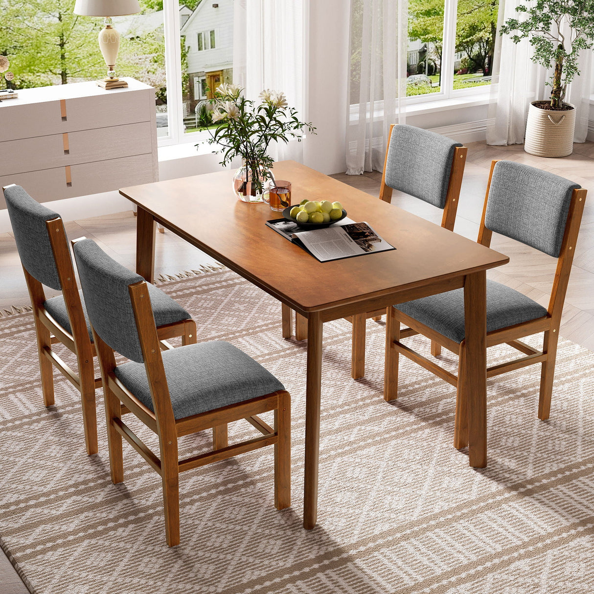 5 Pieces Rectangle Wooden Dining Table Set, Mid Century Modern Kitchen Table And 4 Upholstered Chairs For Home, Saving Space - Brown / Gray by Couch.com