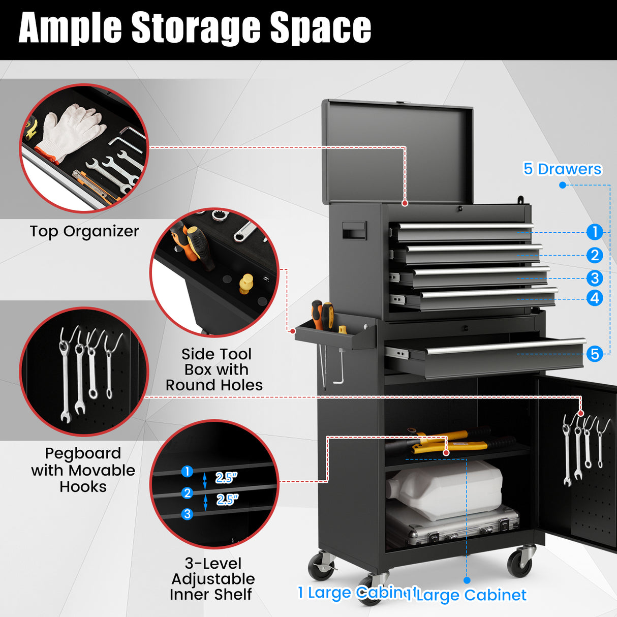 2-in-1 Tool Chest and Cabinet with 5 Sliding Drawers-Black