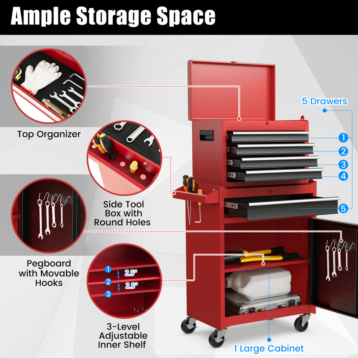 2-in-1 Tool Chest and Cabinet with 5 Sliding Drawers-Black