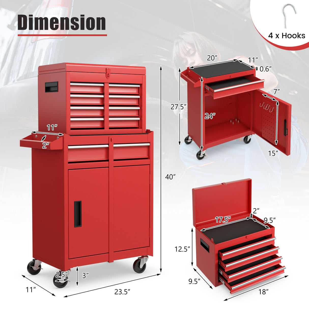2-in-1 Tool Chest and Cabinet with 5 Sliding Drawers-Black