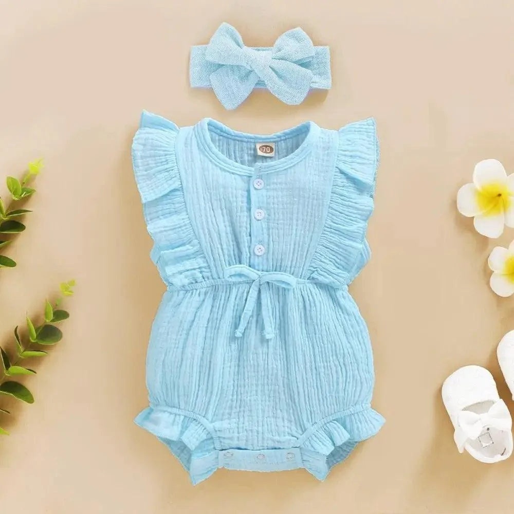2Pc Summer Newborn Baby Girls Romper Headband Ruffles Sleeveless Clothes - Ruffle Romper Baby girl clothes