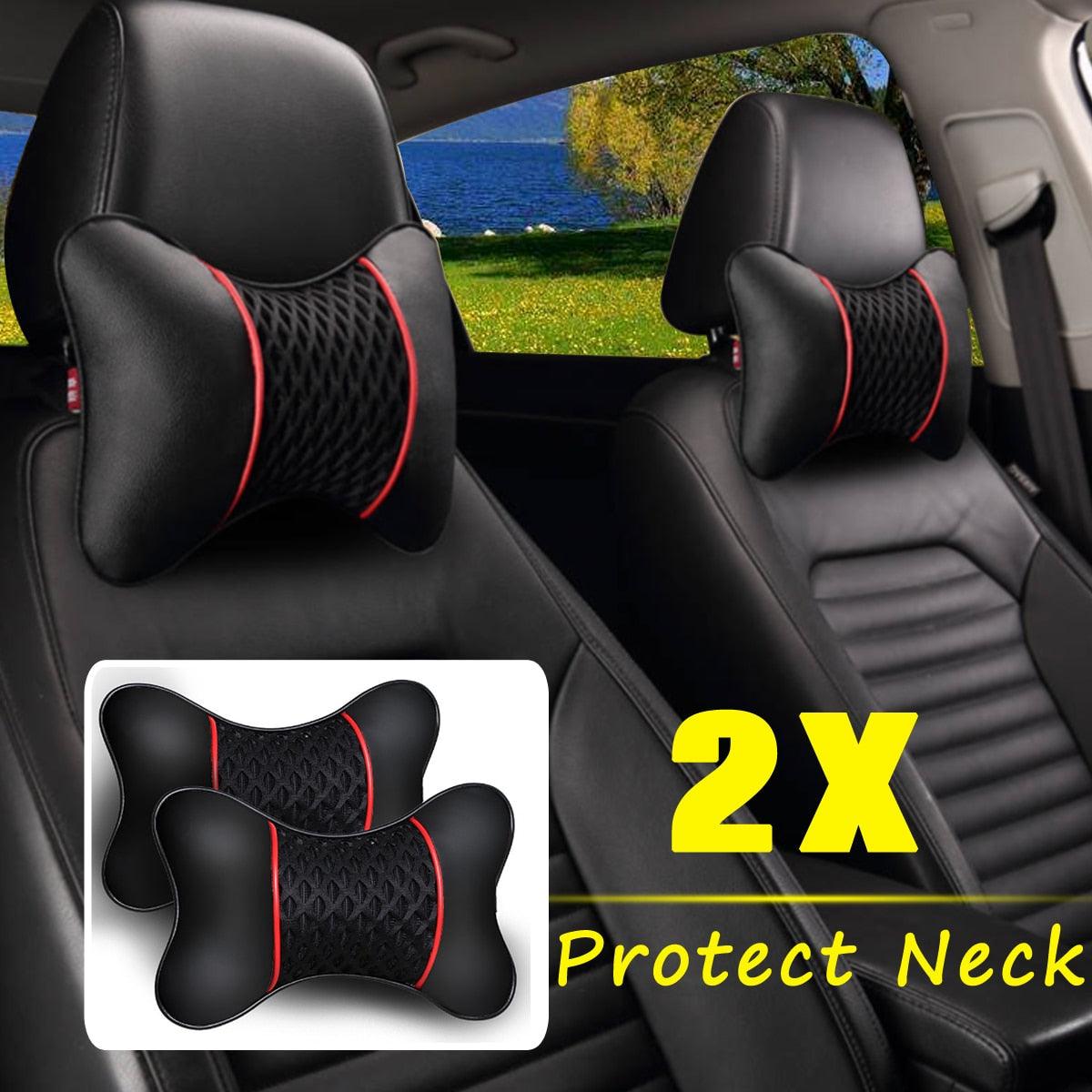 2Pcs PU Leather Knitted Car Pillows Headrest Neck Rest Cushion Support Seat Accessories Auto Black Safety Pillow Universal Decor Car Neck Pillows Headrest Relief Filled Fiber Universal Car Pillow Both Side Pu Leather Pack Headrest For Car Neck Pillow
