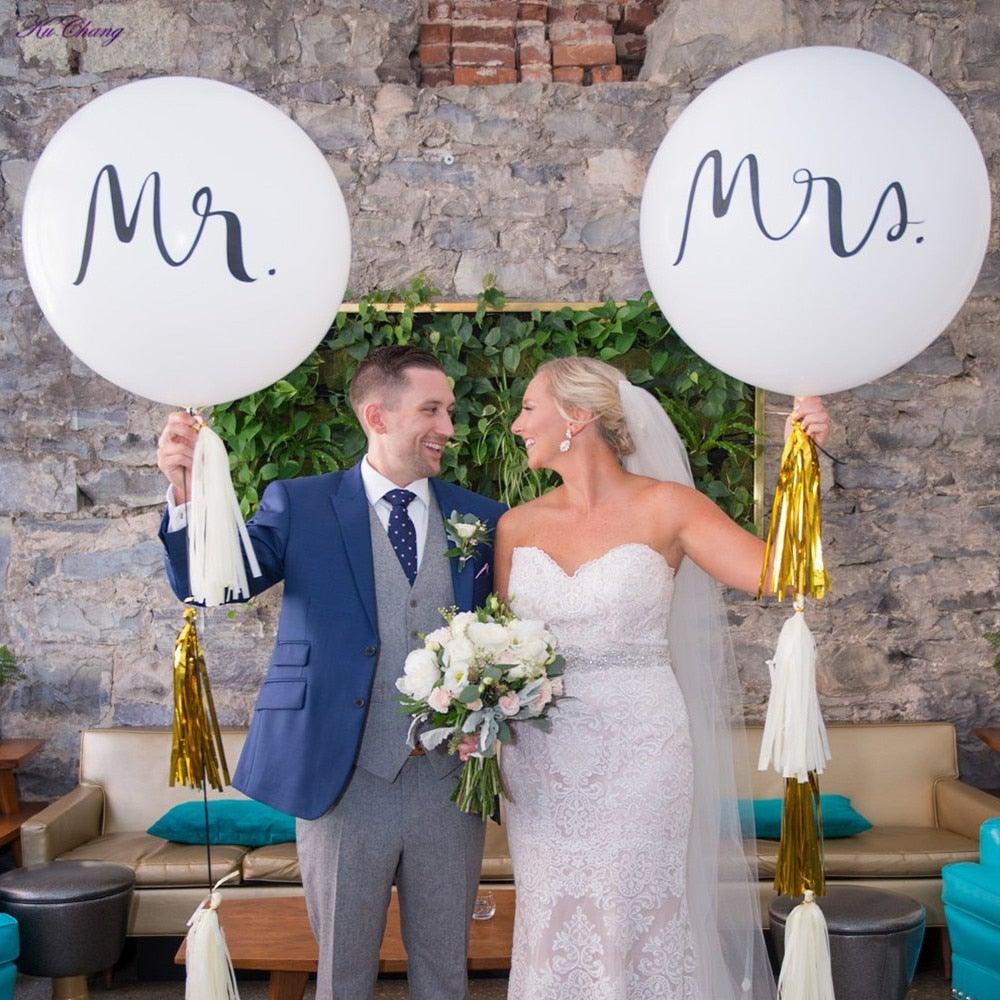 2pcs/lot Good Quality 36inch Round White and black Print Mr&Mrs Latex Balloons For Happy Wedding And Valentine's Day
