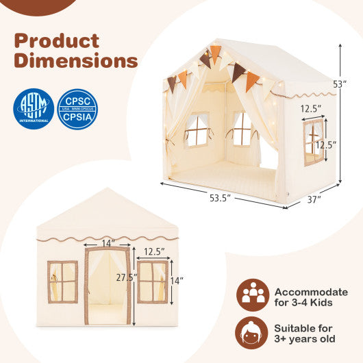 3-4 Kids Large Play Tent House with 2 Opening Doors and Star Lights-Beige