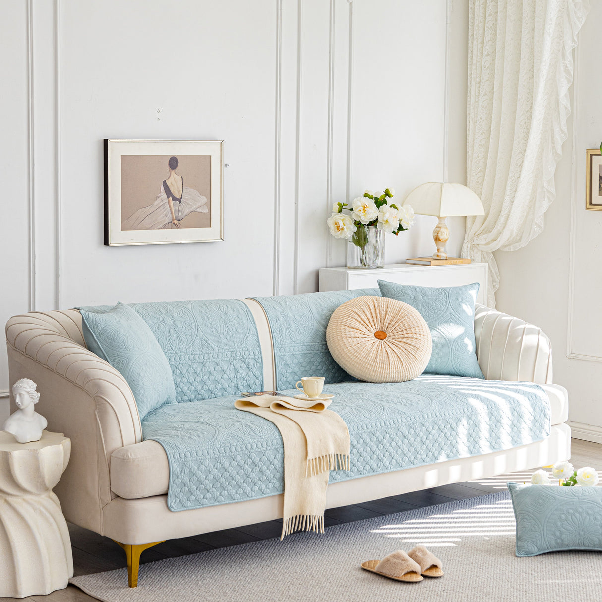 Cotton Quilted Sofa Cover, Non-Slip Couch Protector Fits Backrest, Seat & Armrest