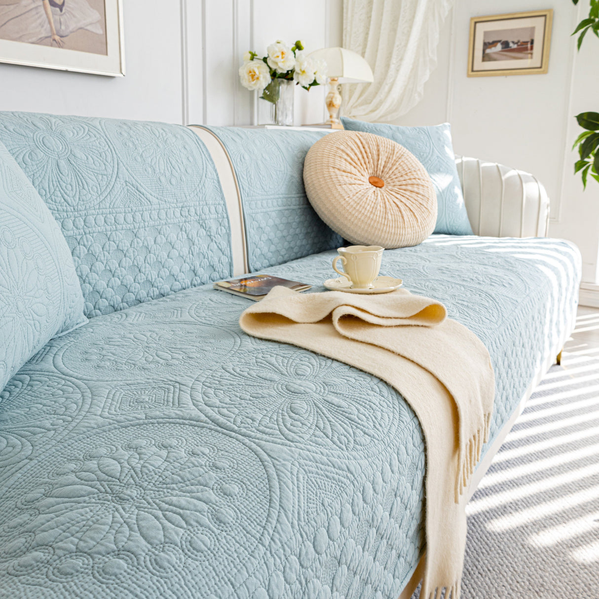 Cotton Quilted Sofa Cover, Non-Slip Couch Protector Fits Backrest, Seat & Armrest