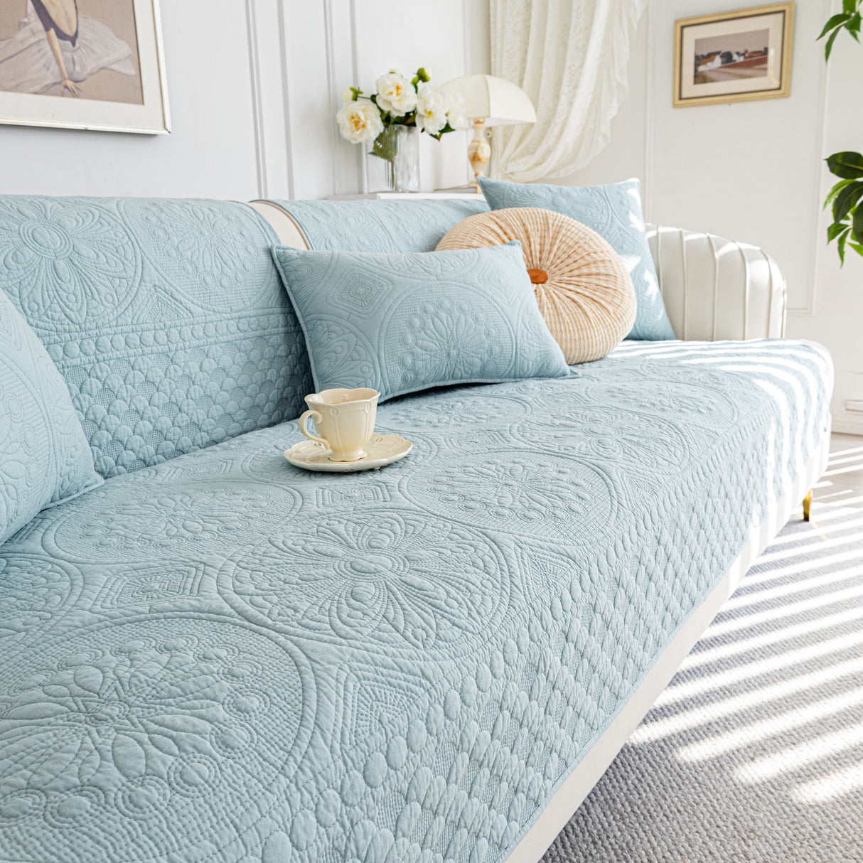Cotton Quilted Sofa Cover, Non-Slip Couch Protector Fits Backrest, Seat & Armrest