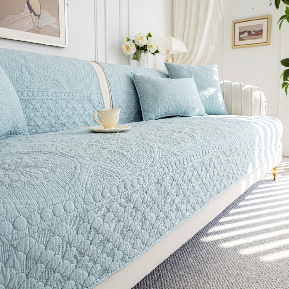 Cotton Quilted Sofa Cover, Non-Slip Couch Protector Fits Backrest, Seat & Armrest