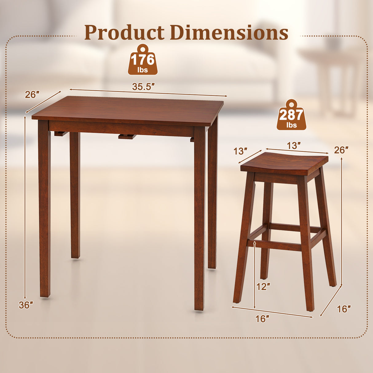 3-Piece Bar Table Set with Pub Table and 2 Saddle Stools-Espresso