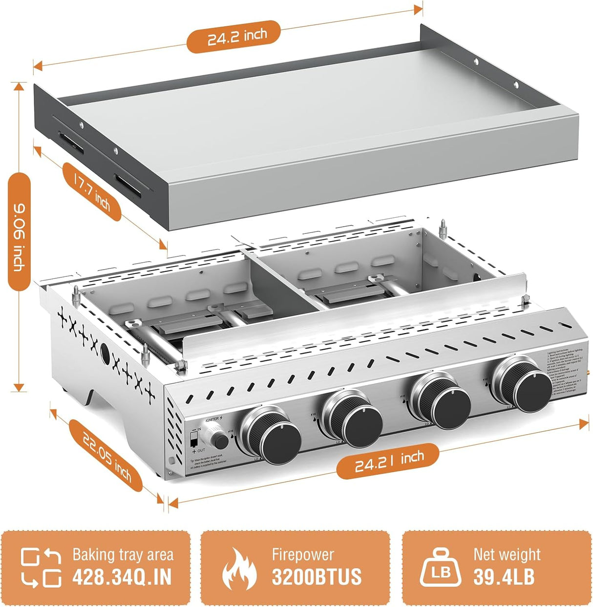 3 Burners Portable Propane Griddle,25 inch Stainless Steel Gas Grill,24,000 BTU Table Top Grill TG0130C