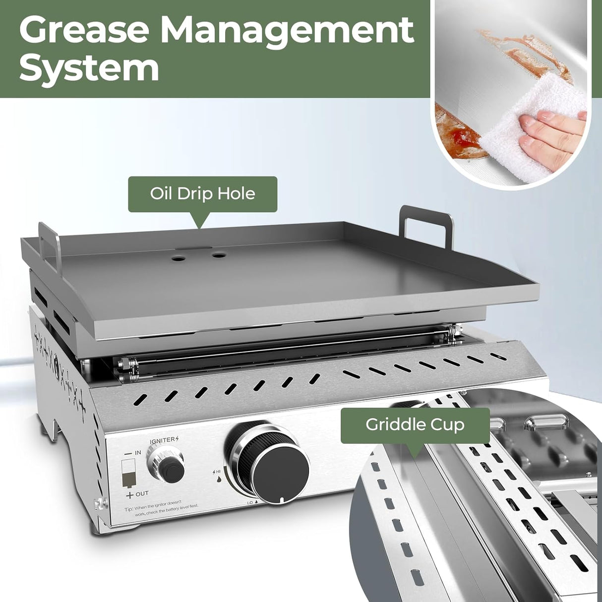 3 Burners Portable Propane Griddle,25 inch Stainless Steel Gas Grill,24,000 BTU Table Top Grill TG0130C