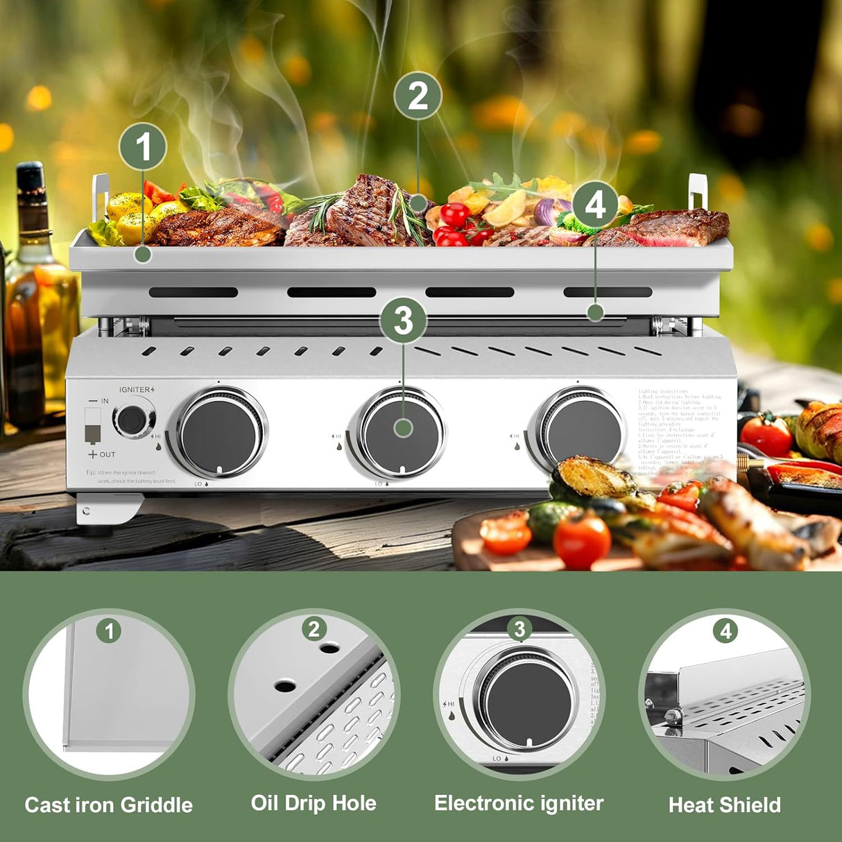 3 Burners Portable Propane Griddle,25 inch Stainless Steel Gas Grill,24,000 BTU Table Top Grill TG0130C