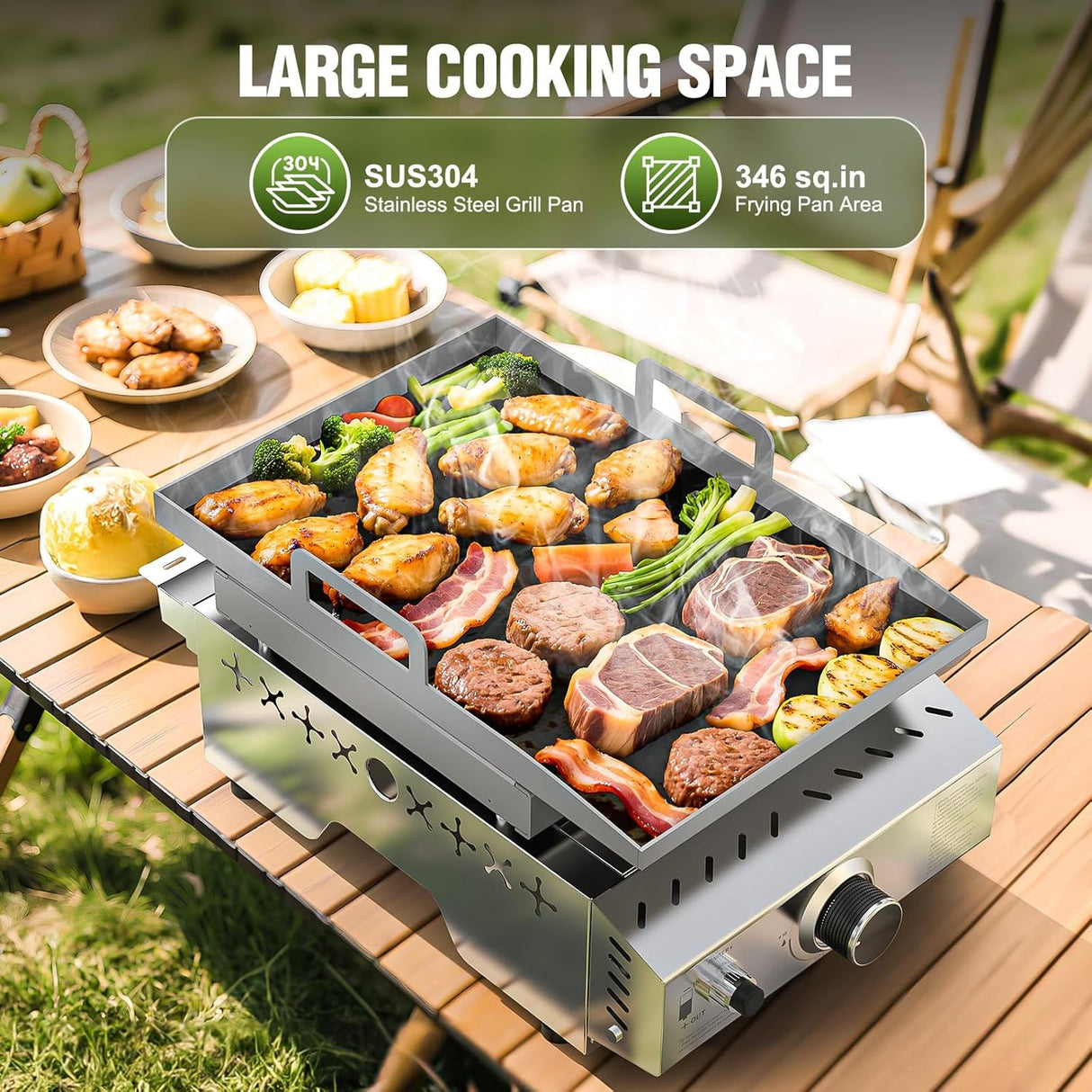 3 Burners Portable Propane Griddle,25 inch Stainless Steel Gas Grill,24,000 BTU Table Top Grill TG0130C