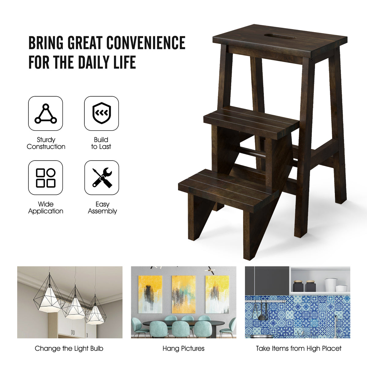 3-in-1 Rubber Wood Step Stool with Convenient Handle-Brown