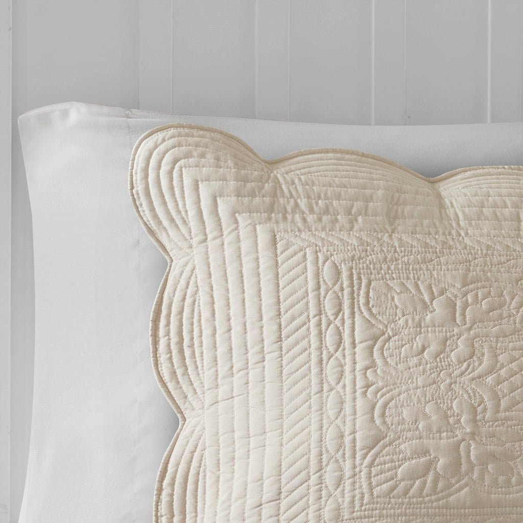 3 Pc Antimicrobial Cream Reversible Scalloped Edge Quilt Set