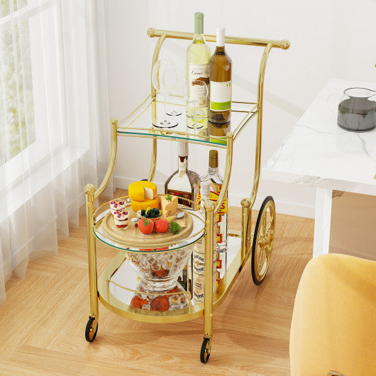 3-Tier Home Bar Serving Cart on Wheels with Mirrored Shelves-Golden