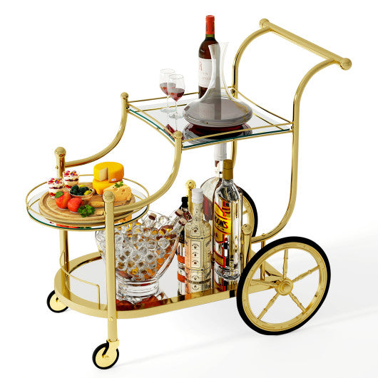 3-Tier Home Bar Serving Cart on Wheels with Mirrored Shelves-Golden